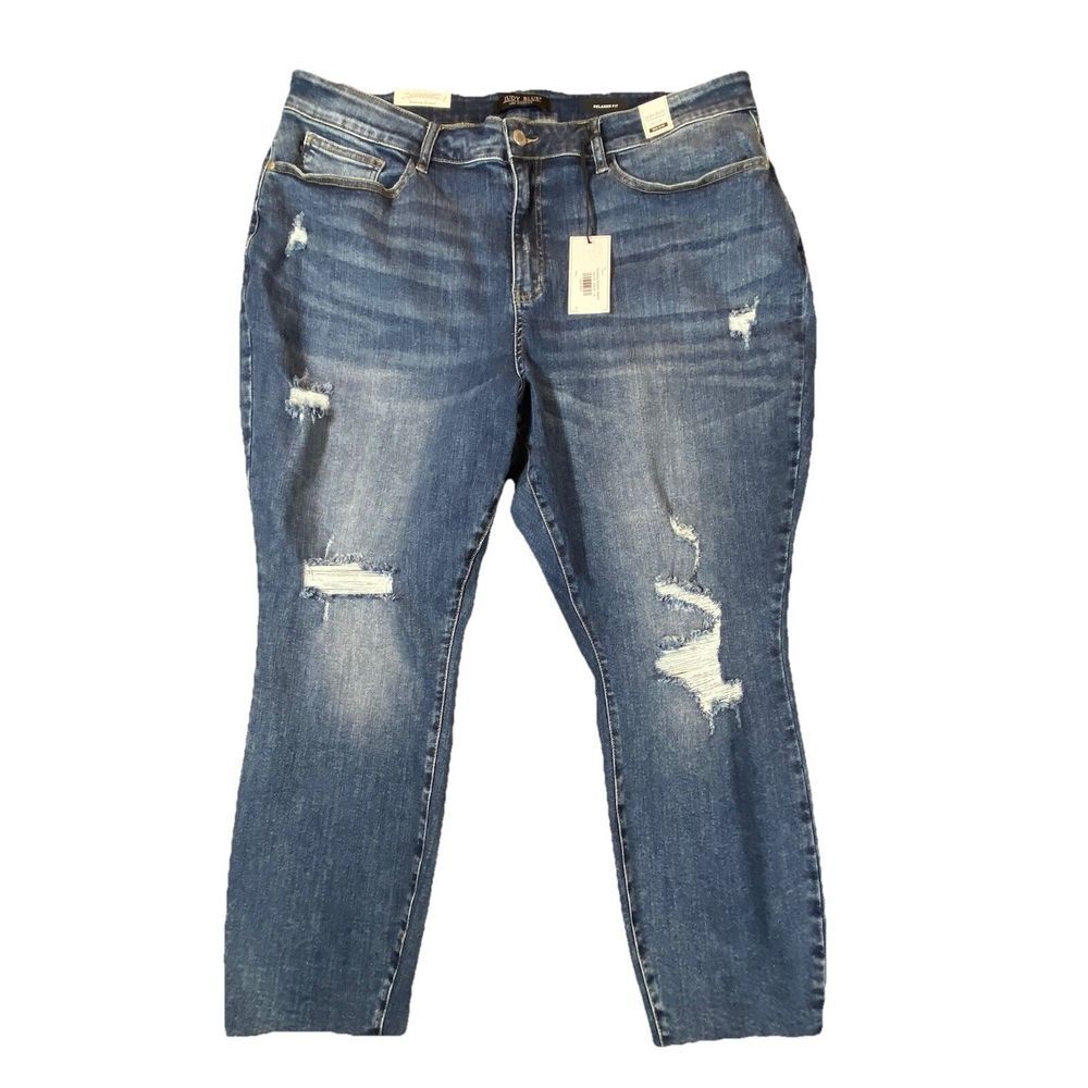 New Judy Blue Jeans 24W Mid Rise Relaxed Fit Medium Blue Stretch Distressed Plus
